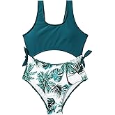 Happy Cherry Girls Swimsuit One Piece Cut Out Kids Bathing Suits Cute Floral Print Color Block Teen Swimwear Size 2-13 Years