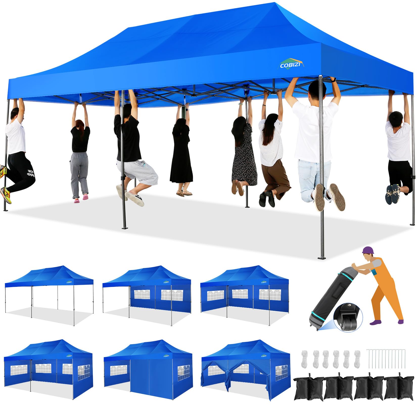 Photo 1 of COBIZI 10x20 Heavy Duty Pop up Canopy Tent with 6 sidewalls Easy Up Commercial Outdoor Wedding Party Tents for Parties All Season Wind & Waterproof Gazebo with Roller Bag, Blue(Frame Thickened)