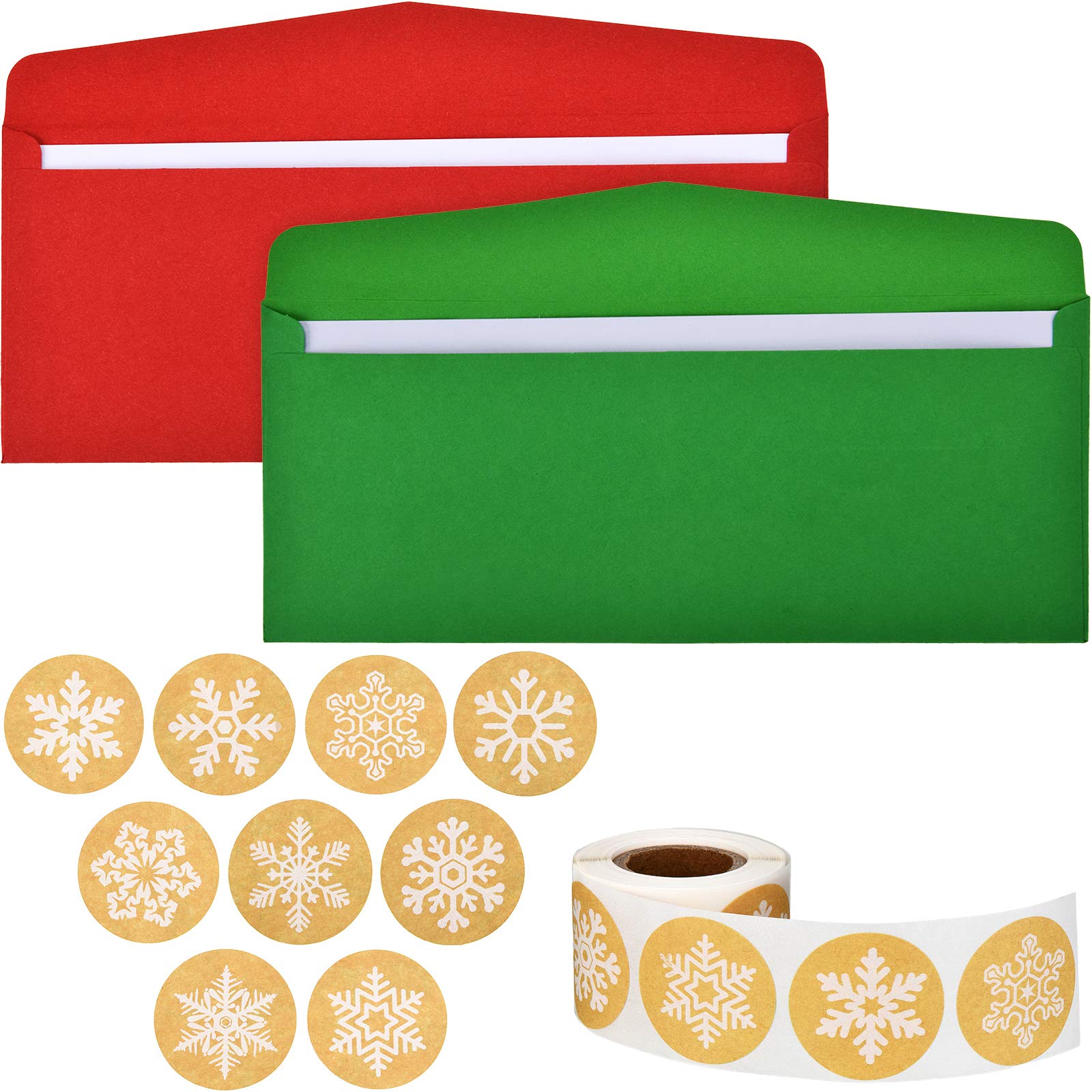Photo 1 of 100 Pieces Number 10 Envelopes Gift Card Envelopes with 200 Pieces Christmas Kraft Snowflake Stickers Valentine's Day Stickers for Festive Letters Holiday Mail Gift Supplies (Classic Style)