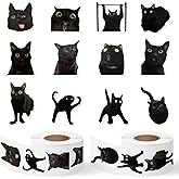 GUjianzi Black Cat Sticker Roll - 1000Pcs Funny Cute Meme Decorative Decals for Kids Teen Adult, Animal Aesthetic Vinyl Waterproof Party Stickers for Guitar Home Decor School Rewards Gifts, 2 Rolls