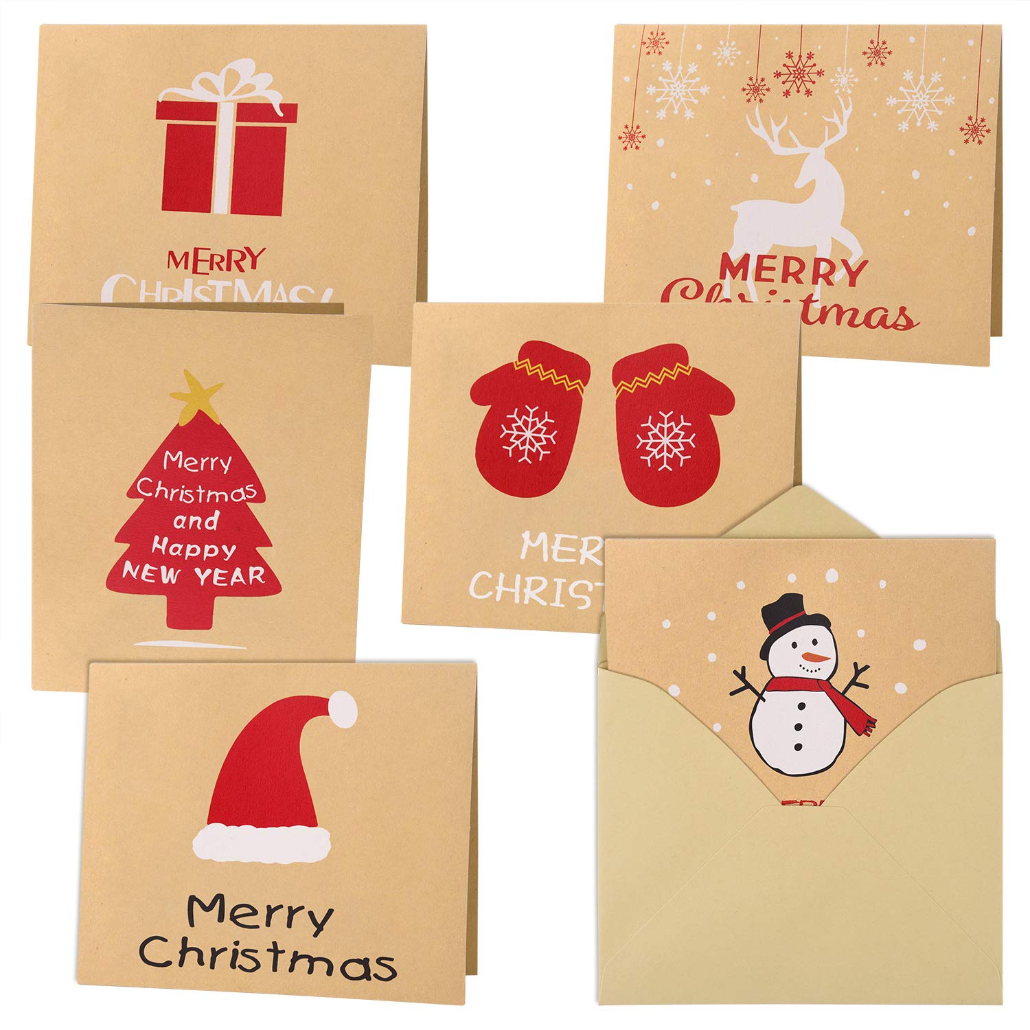 FEPITO 30Pcs Merry Christmas Greeting Cards Kraft Card Holiday Cards with Envelopes and Stickers, 4.72 x 3.95 Inches
