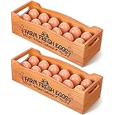 2 Pieces Wooden Egg Holder Countertop, Stackable 12 Capacity Farmhouse Rustic Pinewood Egg Storage Display Rack Basket with Handle, Eggs Organizer Stand Box with “Farm Fresh Eggs” Print