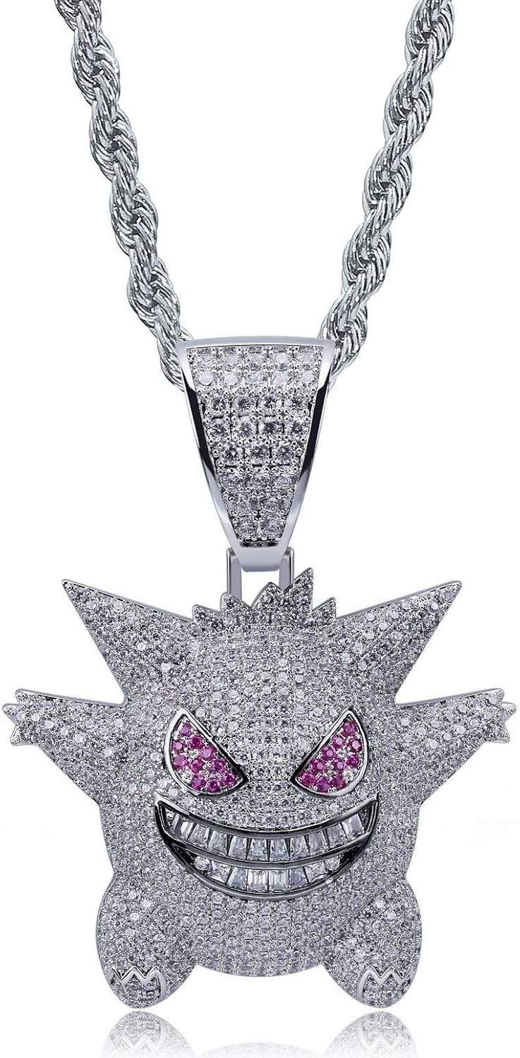 KMASAL Jewelry Unisex Exquisite Bubble Gengar Pendant Hip Hop Iced Out Rhinestone Crystal Necklace 18K Gold Plated with 24” Stainless Rope Chain for Men Women (Silver): Clothing
