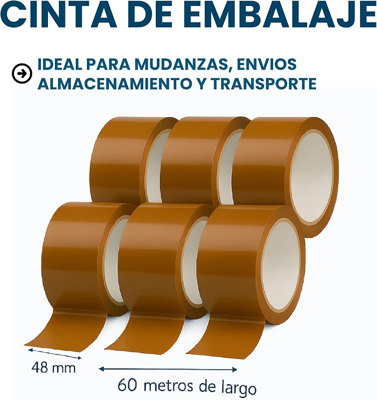 Fita adesiva castanha universal 48 mm x 60 metros - Embalar 6 unidades - Fita adesiva para caixas de cartão, vedação para transportar, armazenar, enviar e transportar caixas