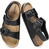 XTJSCBDSH Toddler Kids Sandals Boys Girls Cork Footbed Sandals with Back Strap Comfort Leather Adjustable Double Buckle Slip On Slippers Slide Open Toe Summer Flats Dress Shoes
