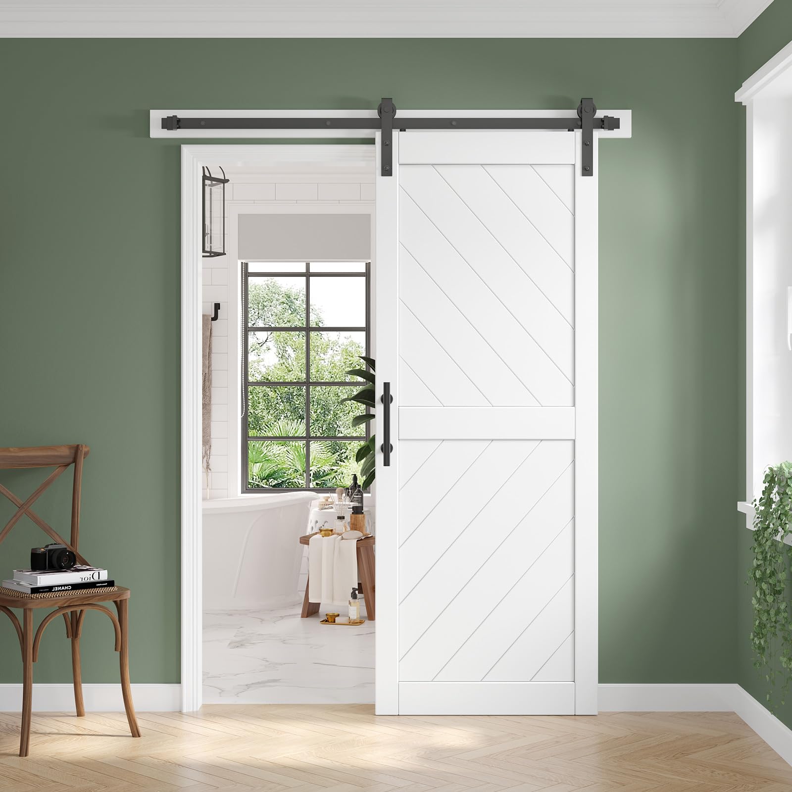 Photo 1 of 32in x 84in Sliding Barn Door with 5.5FT Barn Door Hardware kit & Handle Included, Solid MDF Wood Slab Covered with Water-Proof & Scratch-Resistant PVC Surface,Simple DIY Assembly,Chevron Pattern
