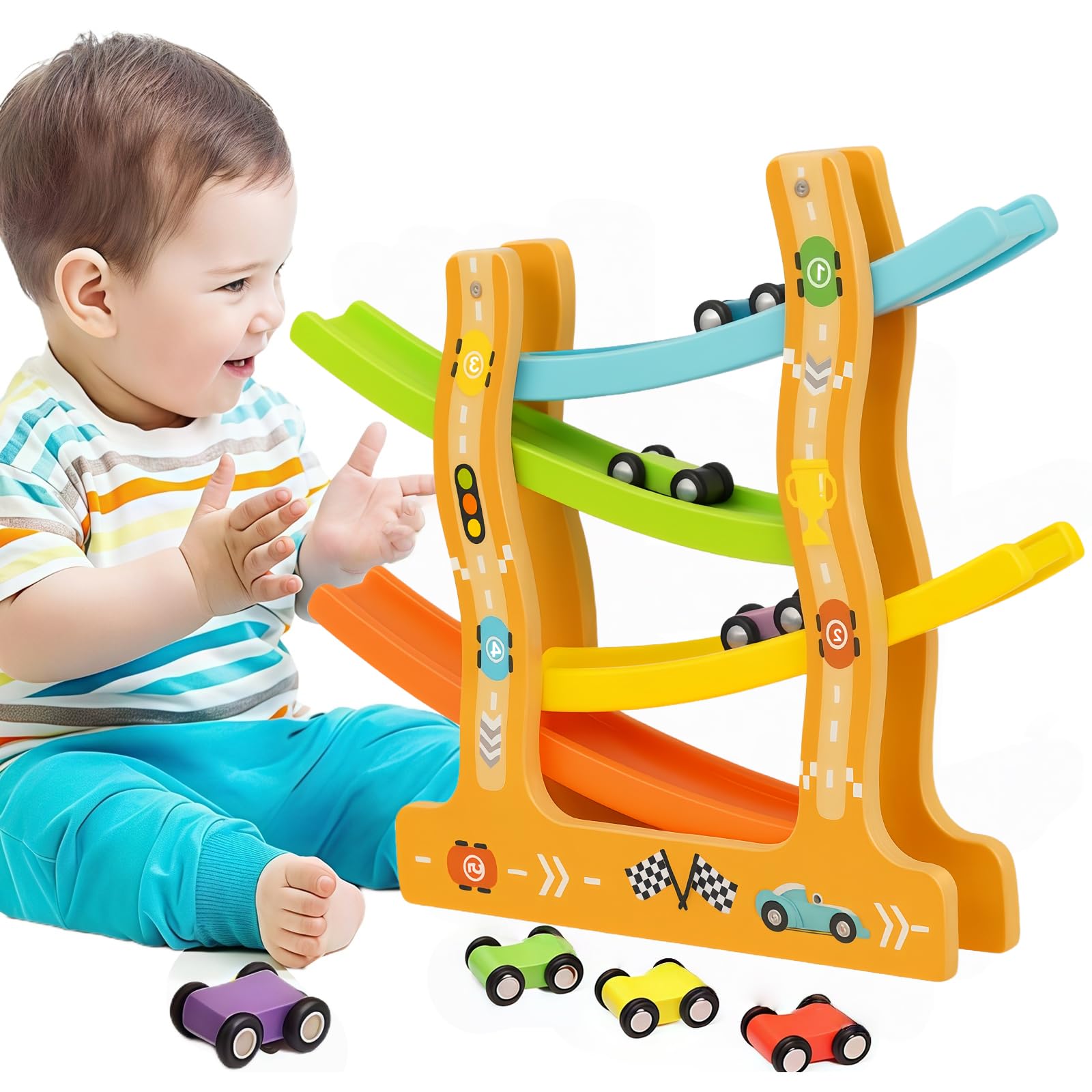 Muslecid Wooden Car Ramp Toys with 6 Cars for 1 2 3 Year Old Boy Girls Gifts, Toddler Race Track Ramp Sensory Montessori Toy for 1-2 Year Old (Transportation Theme)