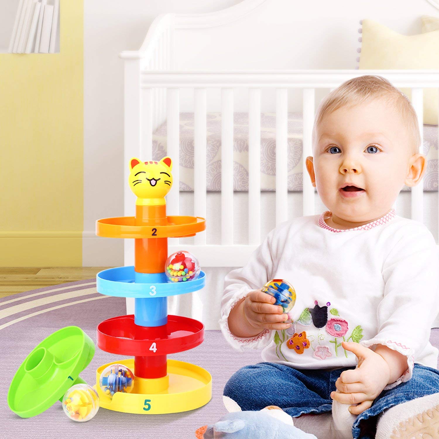 Peradix Swirl Ball Ramp Toddlers Ball Drop Toy Educational Puzzle Rolling Ball Bell Stacker for Kids Activity Center Games (Cat)