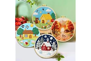 Zhenqing Four Seasons Embroidery Kit for Beginners, 4-Pack Circular Scenes with 20cm Hoop, Pre-Printed 29x29cm Fabric & Threa