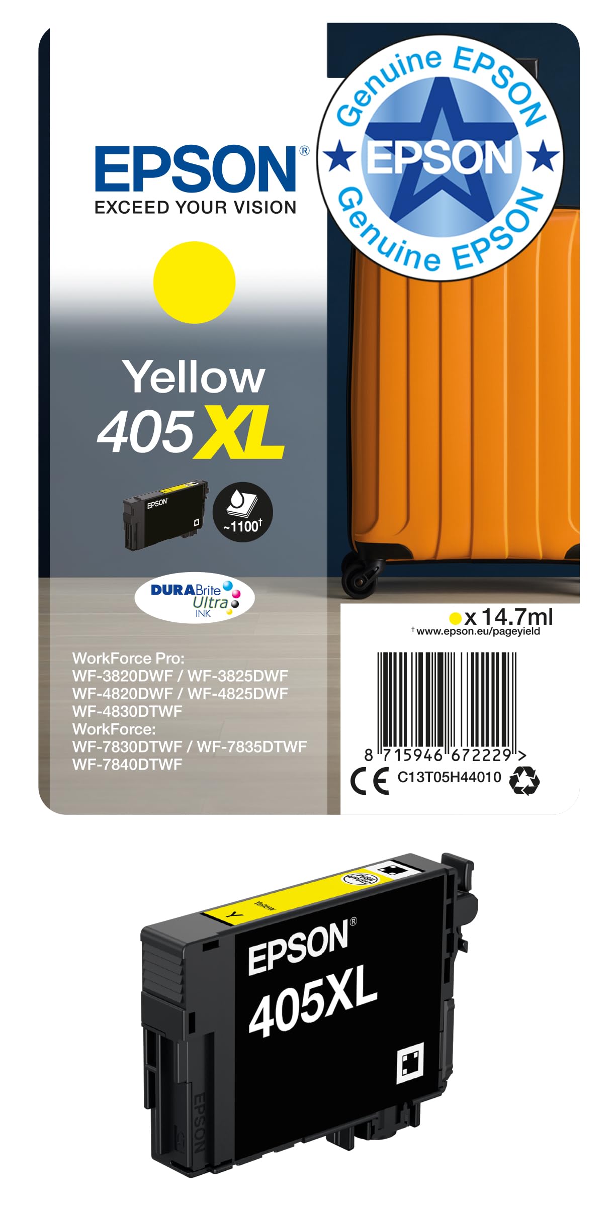 Epson 405XL Yellow Suitcase High Yield Genuine, DURABrite Ultra Ink