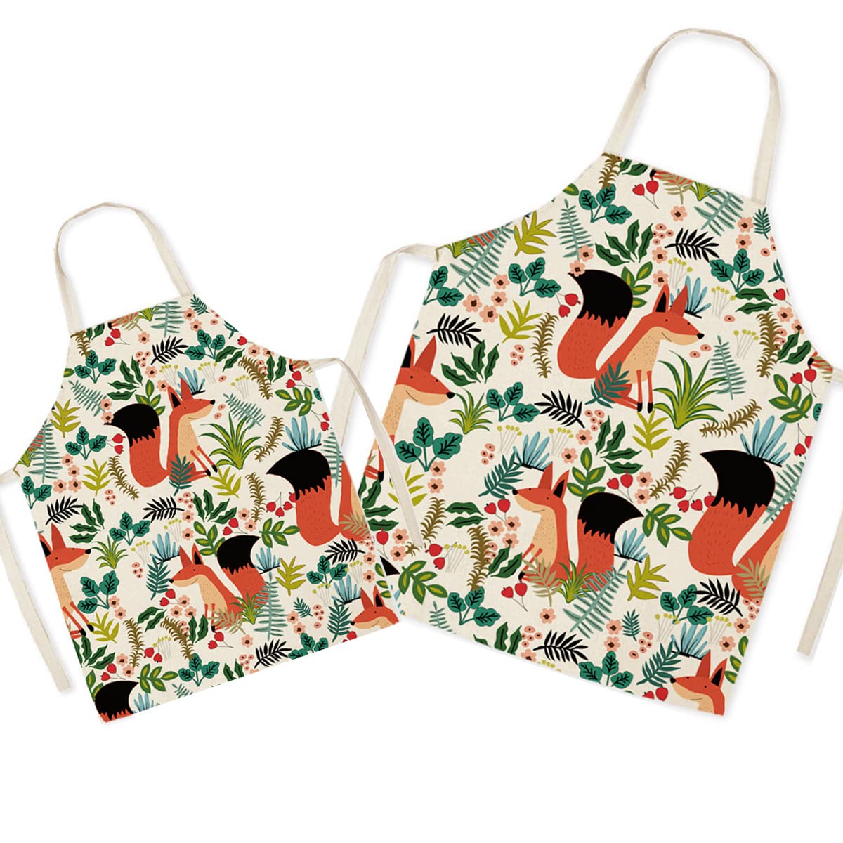Eyand Fox Matching Parent and Child Apron for Cooking Painting Gardening - Lovely Pattern Linen Parent and Kid Apron for Family Time, Mom Dad Daughter Son Kitchen Apron