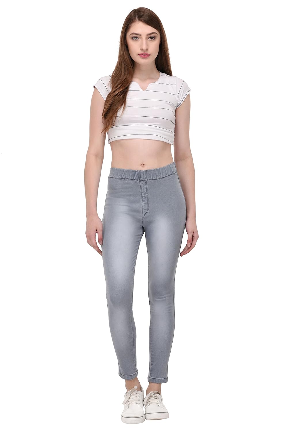 thinline high waist denim jeggings for women (grey) stretchable, pull-on