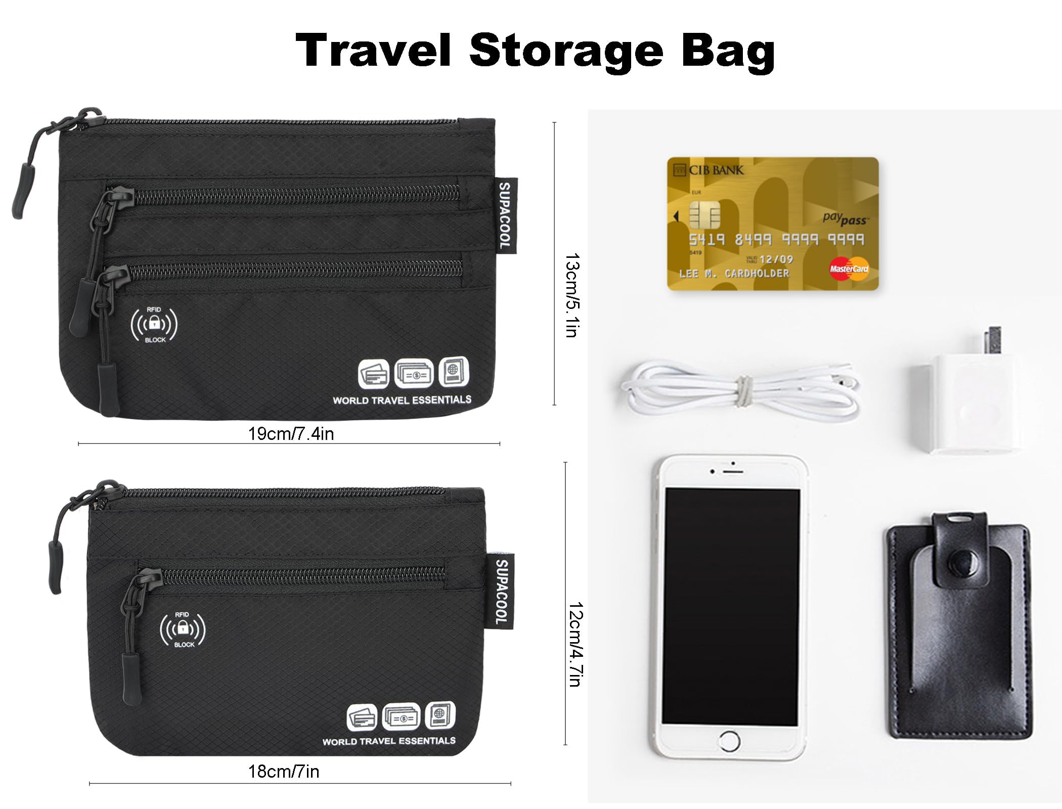 SUPACOOL Passport Holder Bag, Travel Wallet for Men Women Family, Passport Pouch, Card Holder Organizer, RFID Blocking, Two-piece Set(Black)