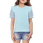 BesserBay Girls Summer Ruffle Trim Swiss Dot Top Mesh Short Puff Sleeve Crewneck Shirt 6-14 Years