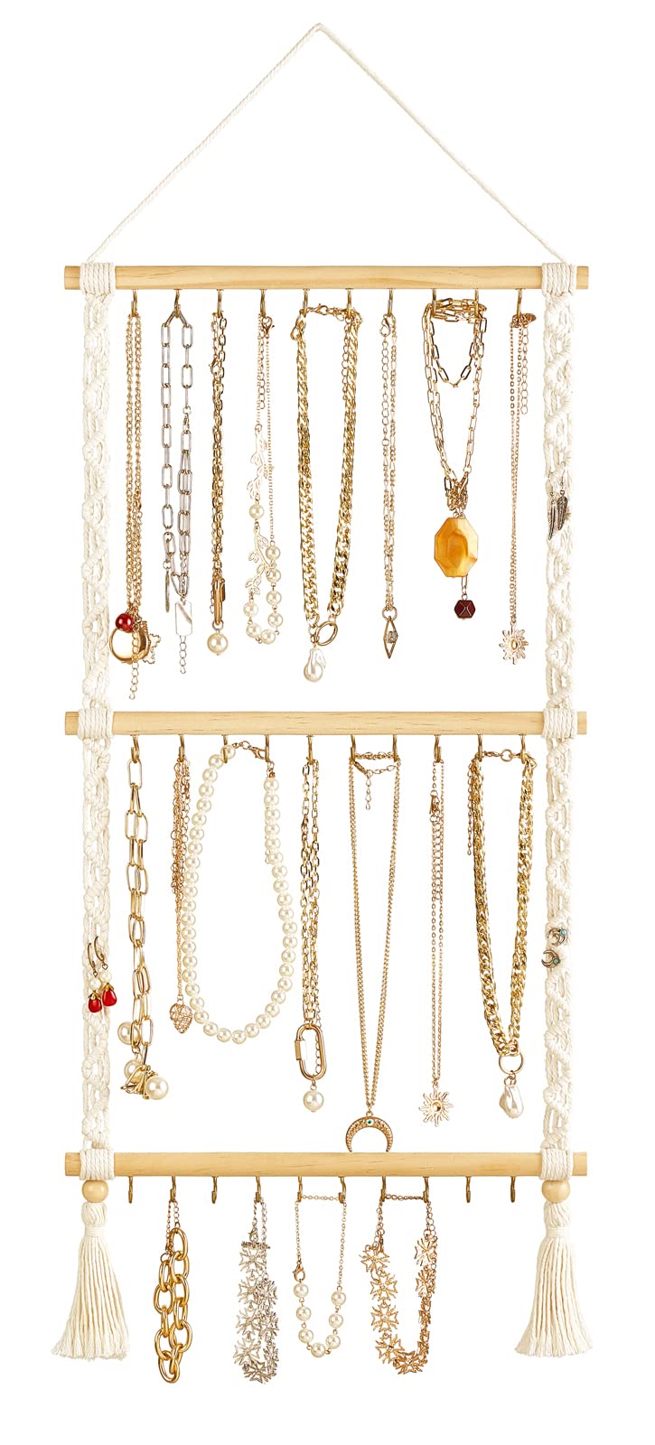 Photo 1 of Dahey Hanging Jewelry Organizer Macrame Necklace Holder with 30 Hooks Wall Mounted Jewelry Hanger Over Door Necklace Rack with Tassel for Necklace Bracelet Earring Headband Bow Organizer