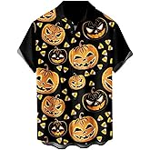 Mens Halloween Shirt Pumpkin Printed Hawaiian Bowling Short Sleeve Casual Button Down Holiday Shirts