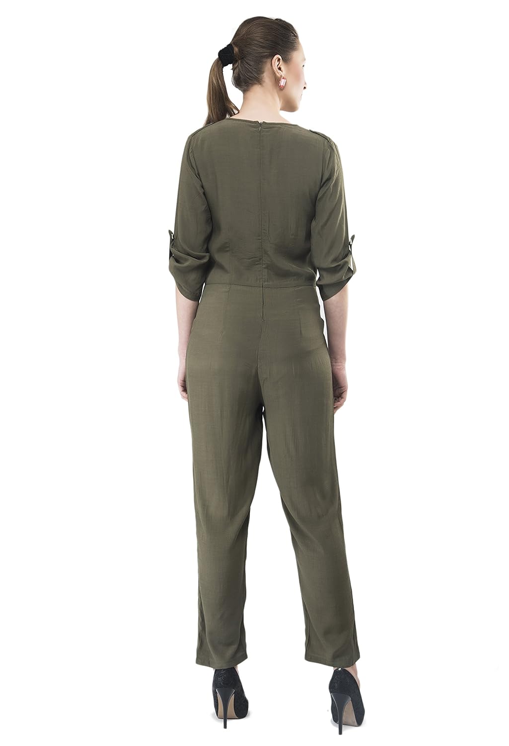 v&m women's olive green roll up sleeves straight leg jumpsuit
