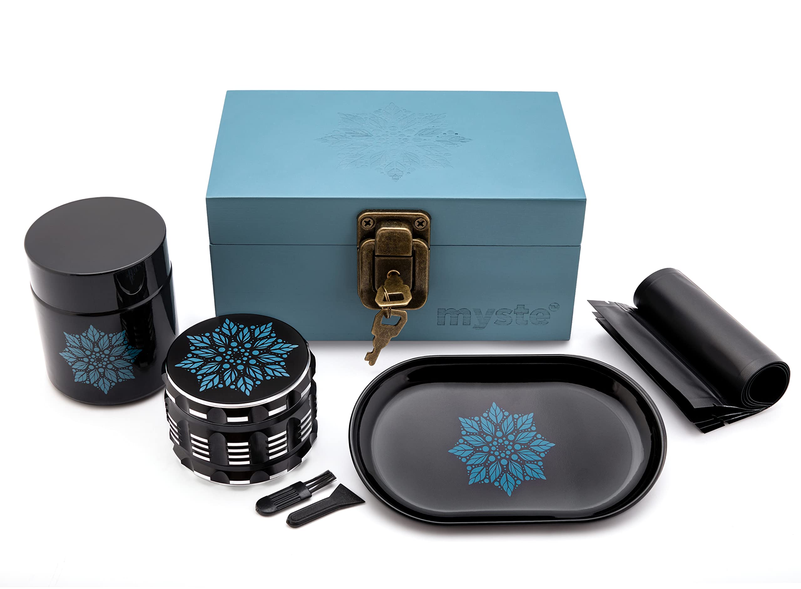 MYSTE BLUE MANDALA Stash Box with Accessories, Large 63mm Grinder, Smell-proof Set, Stashbox Combo Kit, Lockable, Gift Set