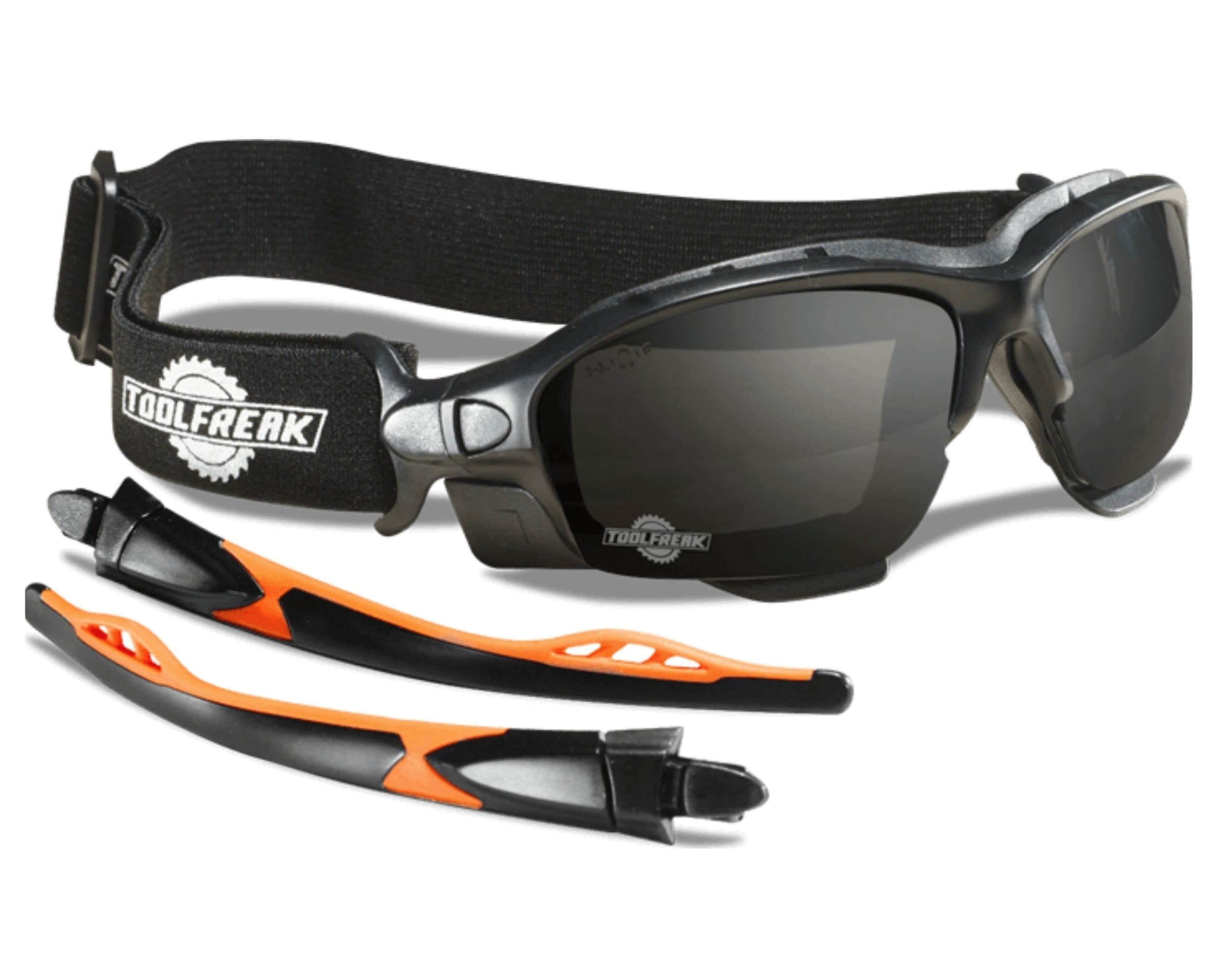 ToolFreak Spoggles Safety Glasses, Anti Glare Distortion Free Smoke Tinted Lens, Foam Padded, Wear them as Glasses or Goggles,Protect from Impact & UV, Headstrap and Carry Pouch