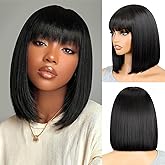 Xinjiju Bob Bangs Human Hair Wig Silky Straight Glueless Wigs Human Hair 150% Density Machine Made Wigs for Women 12Inch