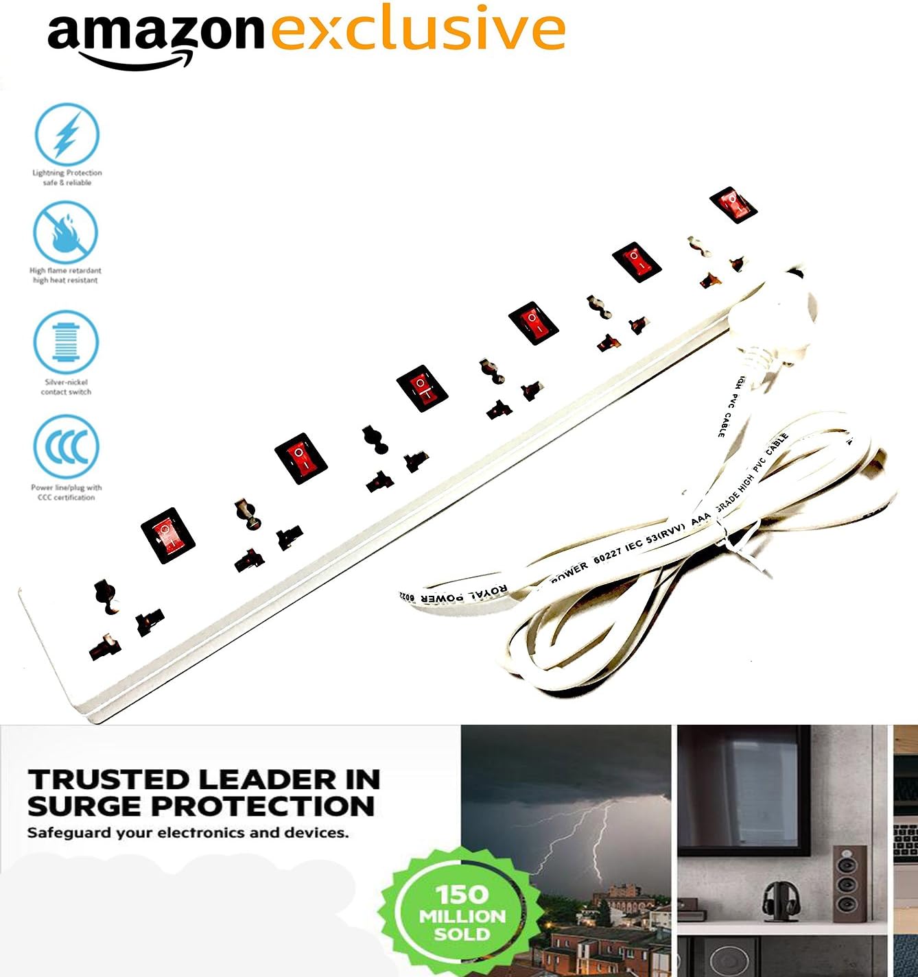 Cripston Lotus Stripe Heavy Duty 6 Universal Socket Surge Protector Extension Cord with Individual Switches & Led Indicator Smart Fuse Device Control | Universal Socket | 440v 5 Years Guarantee