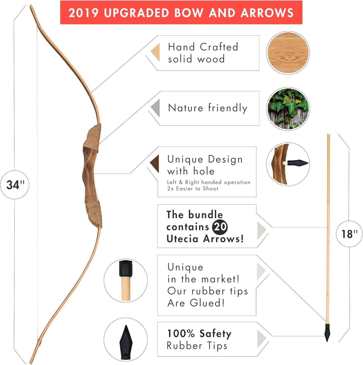 UTeCiA 30 Pcs Complete Archery Set for Kids & Beginners - Safety Rubber Tip Arrow Pack, Handcrafted Wooden Bow, Fabric Quiver, Arm Guard, Finger Glove, Target Sheets - Outdoor and Indoor Shooting Toy : Sports & Outdoors