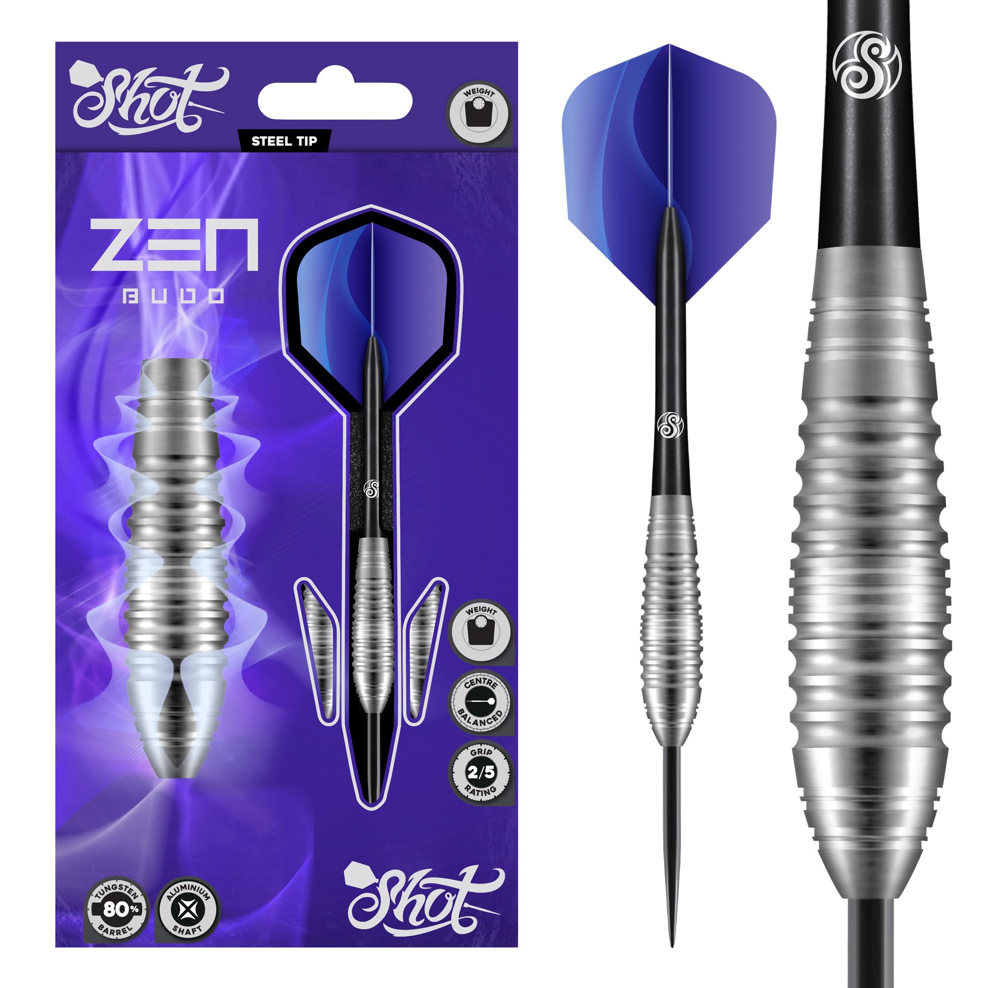 Shot! Darts Zen Budo Steel Tip Dart Set Front Weighted 80% Tungsten Barrels (24)