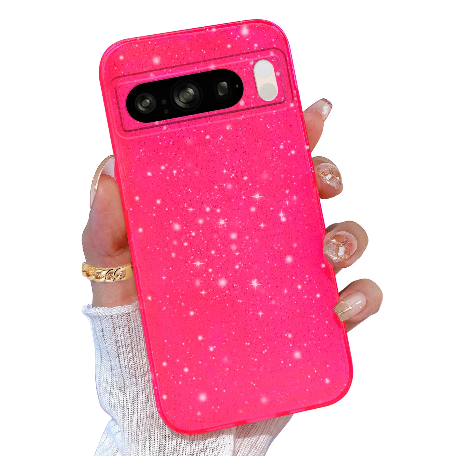 TURYXIA for Google Pixel 8 Pro Case Pink,Glitter for Women Girls Girly Cute Sparkly Bling Neon Bright Color Phone Case for Google Pixel 8 Pro 6.7 inch, Hot Pink