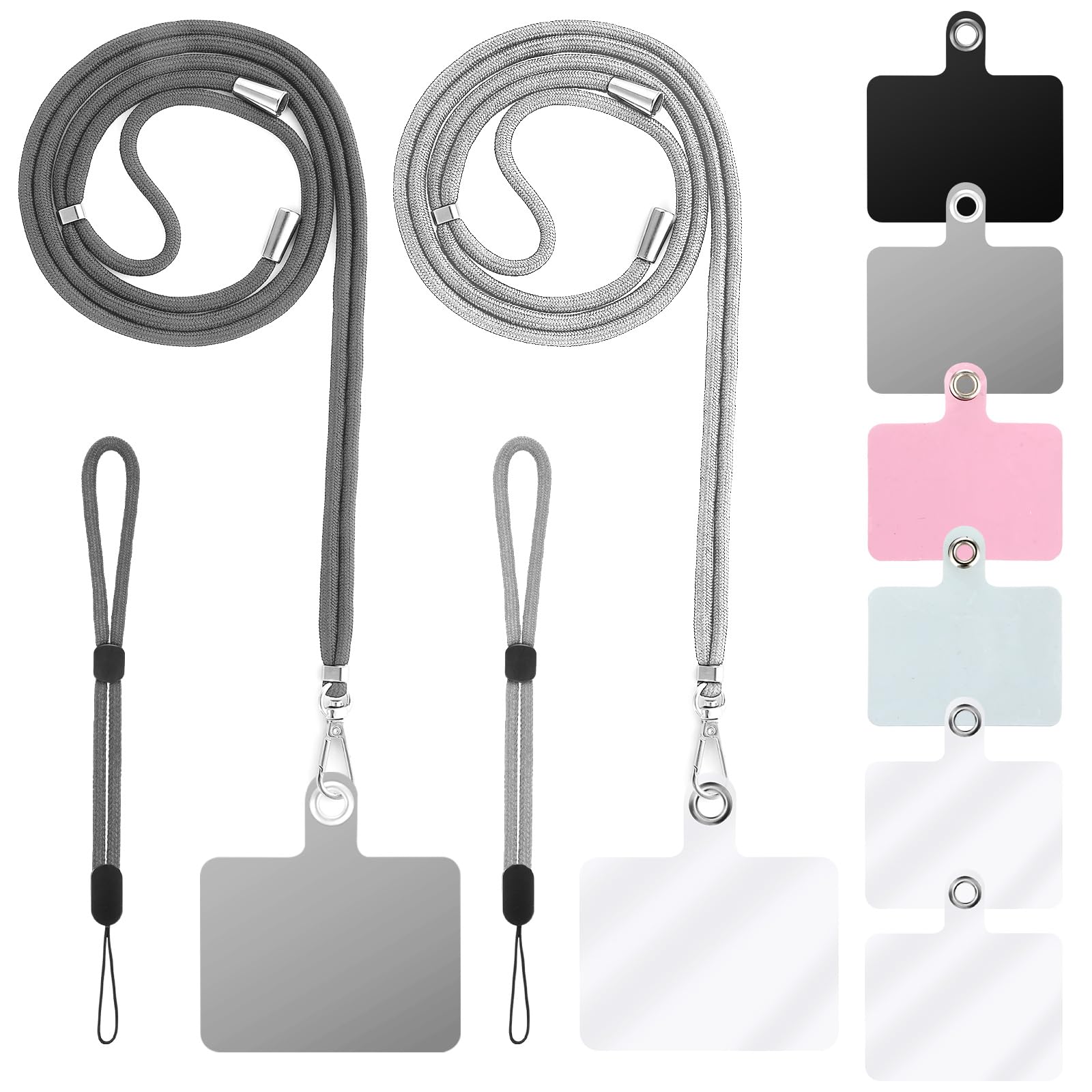 Cobee Cell Phone Lanyard, 2pcs Neck Lanyard + 2pcs Wrist Lanyard Strap + 6pcs Phone Tether Tabs, Nylon Crossbody Lanyard Wristlet Straps PVC Tether Pads for Safety Drop Protection(Dark and Light Gray)