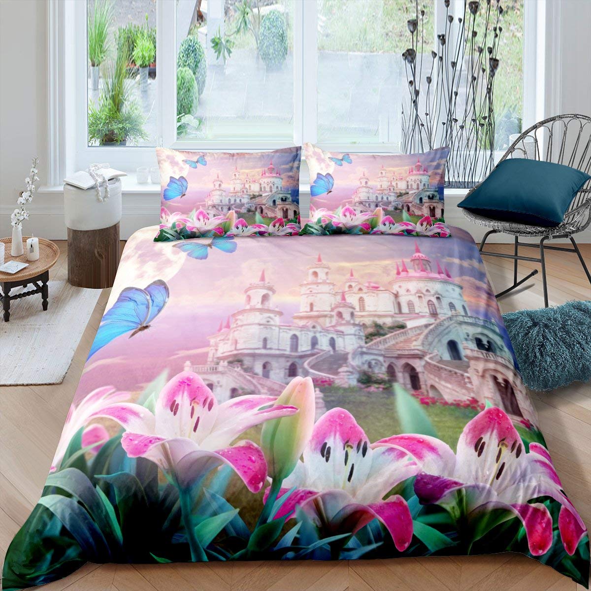 Loussiesd Girls Princess Castle Duvet Cover Fantasy Castle Decor Bedding Set for Kids Girls Butterfly Pink Lily Comforter Cover Fairy Tale Magic Kingdom Quilt Cover Bedroom 2Pcs Single Size — image 1