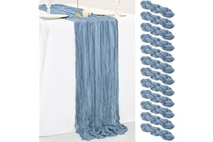FANI 12 Pack 10Ft Dusty Blue Cheesecloth Table Runner 35 x 120 inch Boho Gauze Cheese Cloth Table Runner Vintage Rustic Sheer Runners for Wedding Bridal Shower Birthday Party Cake Table Decorations