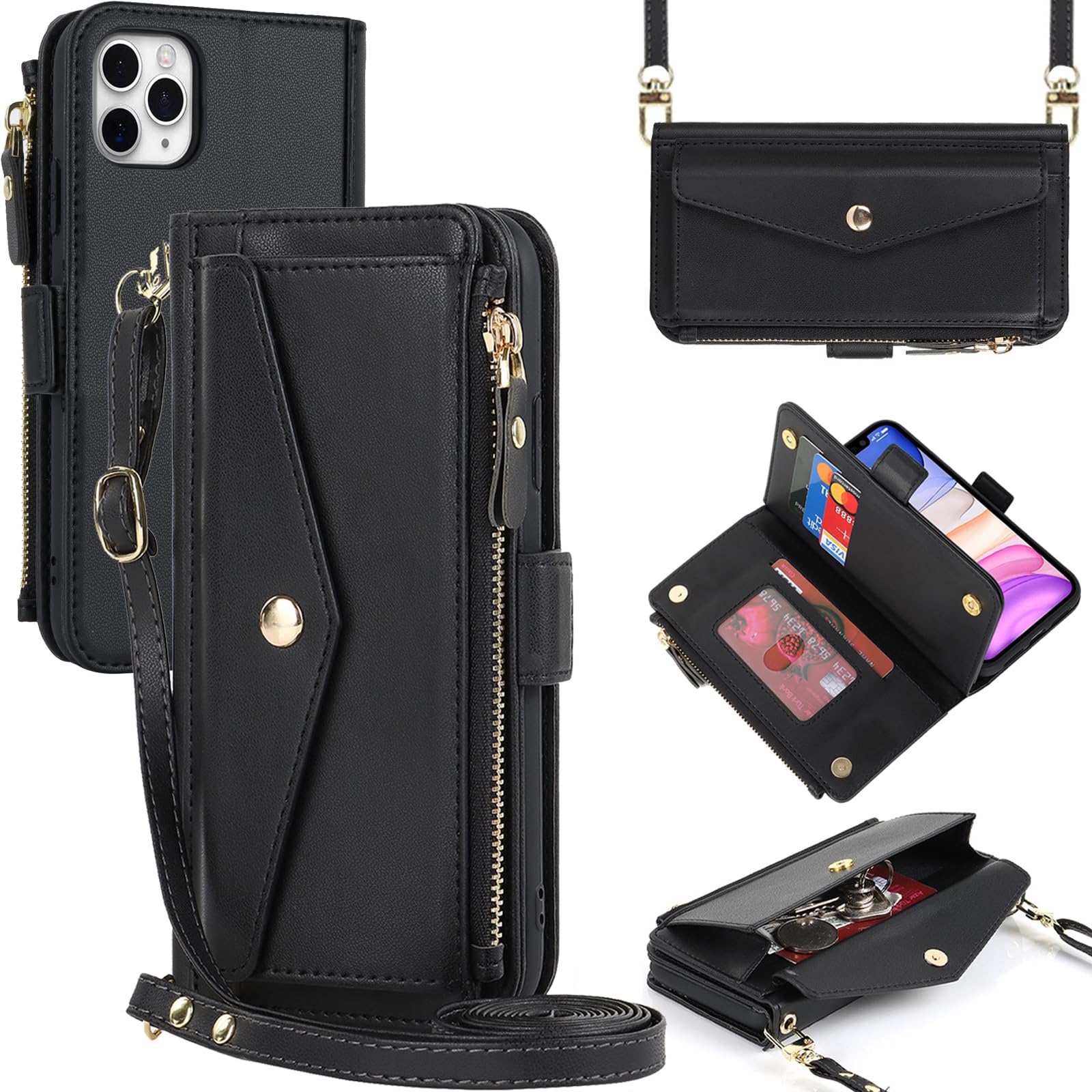 Zouzt for iPhone 11 Pro Max Wallet Case for Women, Purse with Credit Card Holder Slots Crossbody Lanyard Strap Zipper Flip Book Shockproof Protective Phone Cover for Apple 11 Pro Max 6.5 Inch (Black)
