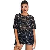 WDIRARA Women's Glitter Sheer See Through Short Sleeve Mesh Top Tee Blouse