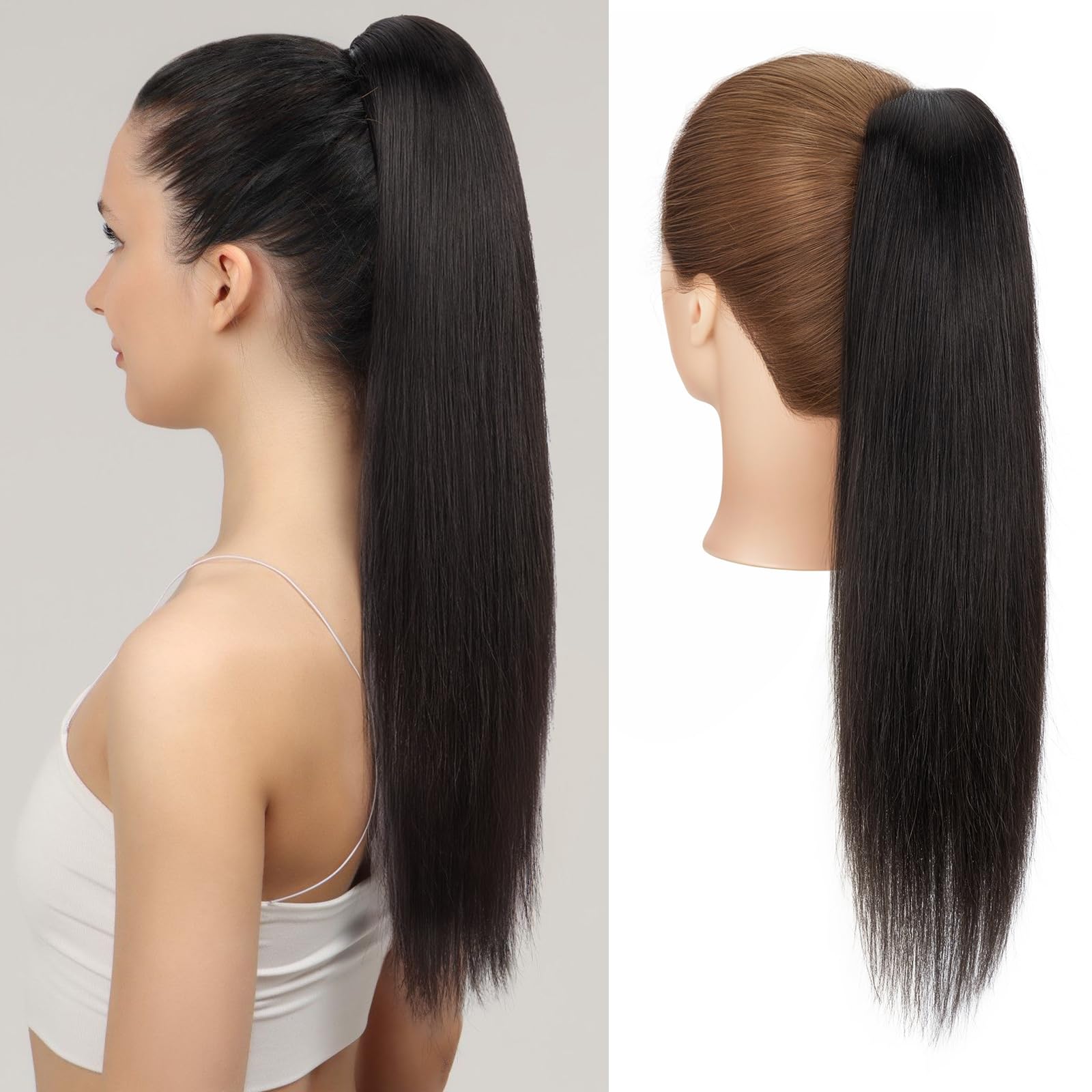 Photo 1 of Charites Ponytail Extension, 22 Inch Claw Clip Ponytail Extension Human Hair Long Straight Jaw Clip in Real Hair Pony Tails Hairpieces for Women Natural Black