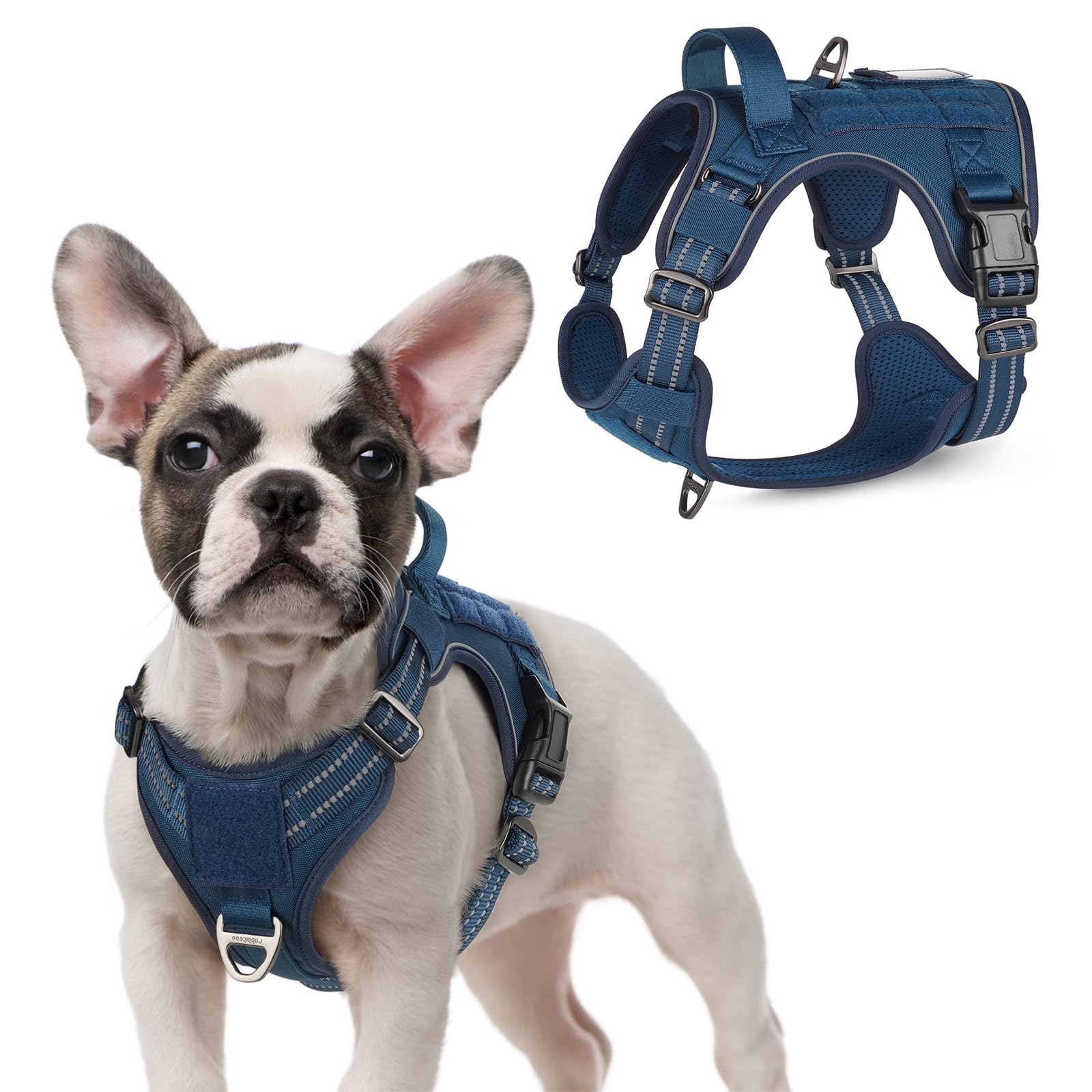 rabbitgoo Dog Harness Small Dog, Tactical Adjustable Puppy Harness with Molle Panel, Breathable Military Vest, No Pull Reflective Pet Vest Easy Control Handle for Walking Training, Blue, S