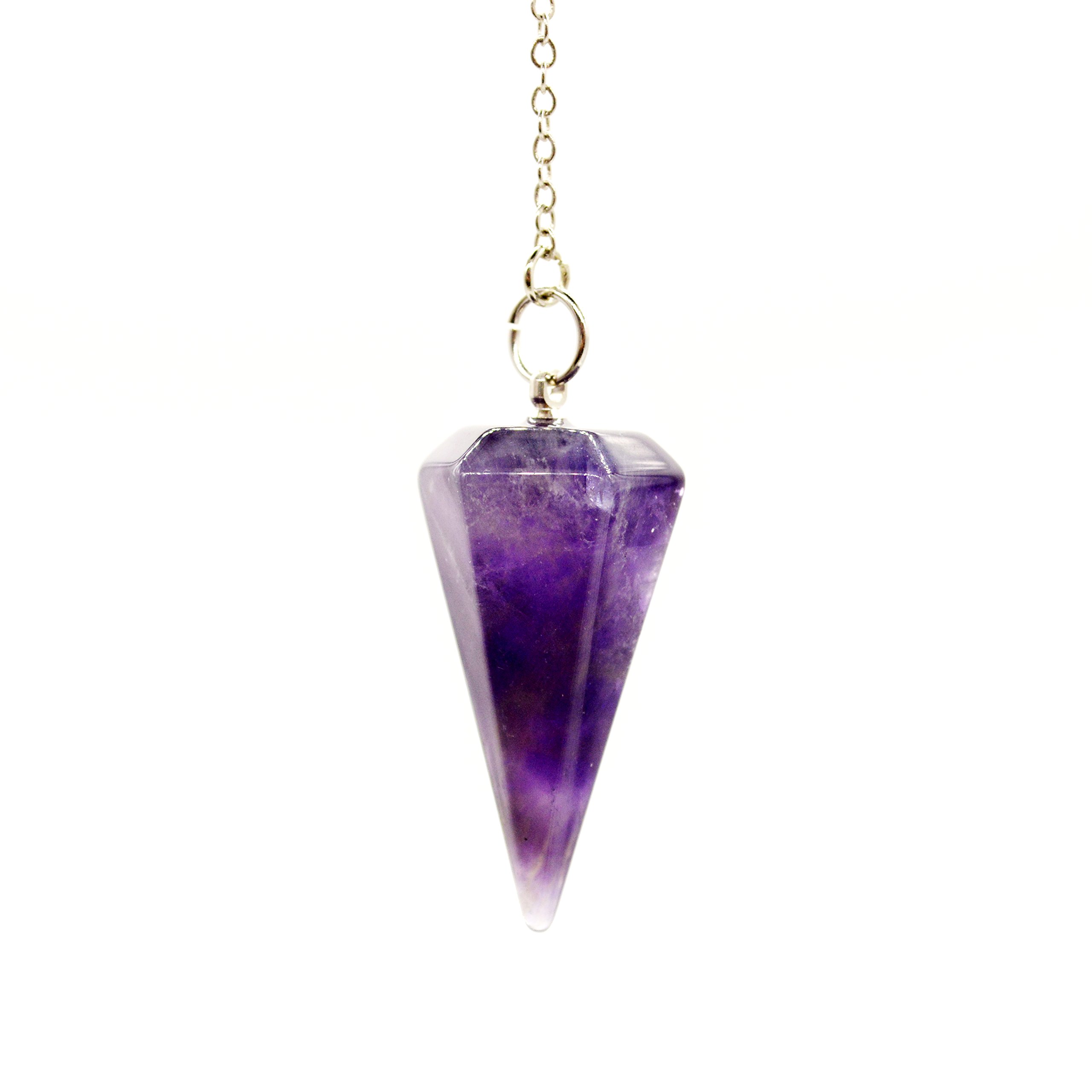 Polar Jade Divination Pendulum Made of Natural Violet Amethyst Crystal for Dowsing Chakra Reiki. Pointed with Chain and Jewelry Pouch, Witchcraft Supplies