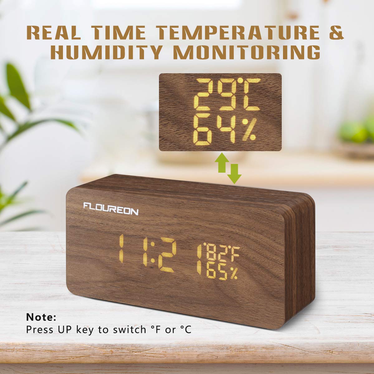 FLOUREON Digitale Wecker, Funk Wecker, LED Display Holzuhr mit 2 Stromversorgungsmodi, 3 Helligkeit, Datum Uhrzeit, Temperatur und Luftfeuchtigkeit (Bambus)
