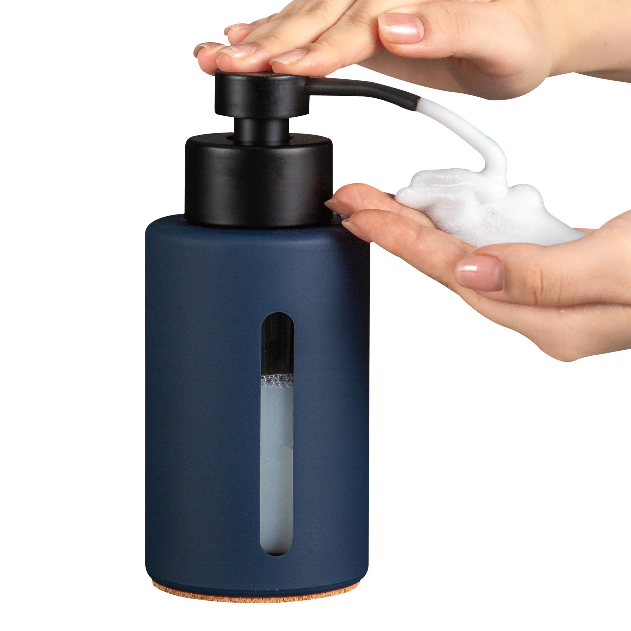 Photo 1 of Enra Foaming Soap Dispenser with Window,12oz Blue Kitchen Soap Dispenser with Stainless Steel Hand Pump, Foam Modern Glass Refillable Bottle for Bathroom Kitchen (Blue Foam Dispenser)