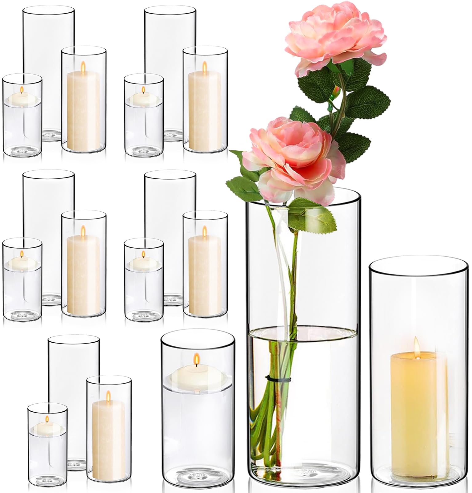 Photo 1 of 18 Pack Glass Cylinder Vases Set, 6,8,10 Inch Clear Cylinder Vases Candle Holder for Centerpirces Decoration, Tall Clear Flower Hurricane Candle Holder for Wedding Party Home Decor