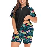 Inno 2 Piece Plus Size Swimsuit for Women Zip Front Rash Guard Shirts | Modest Coverage, Raglan Sleeves, Elastic Waist, Supper Sun Protection SPF 50+, Block 98% UV, Chlorine Resistant, Quick Dry