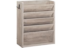 CHOEZON Wall File Organizer, 6-Tier Vertical Mount Hanging Holder with 2 Side Hooks, Modern Wooden Magazine Storage Holder wi