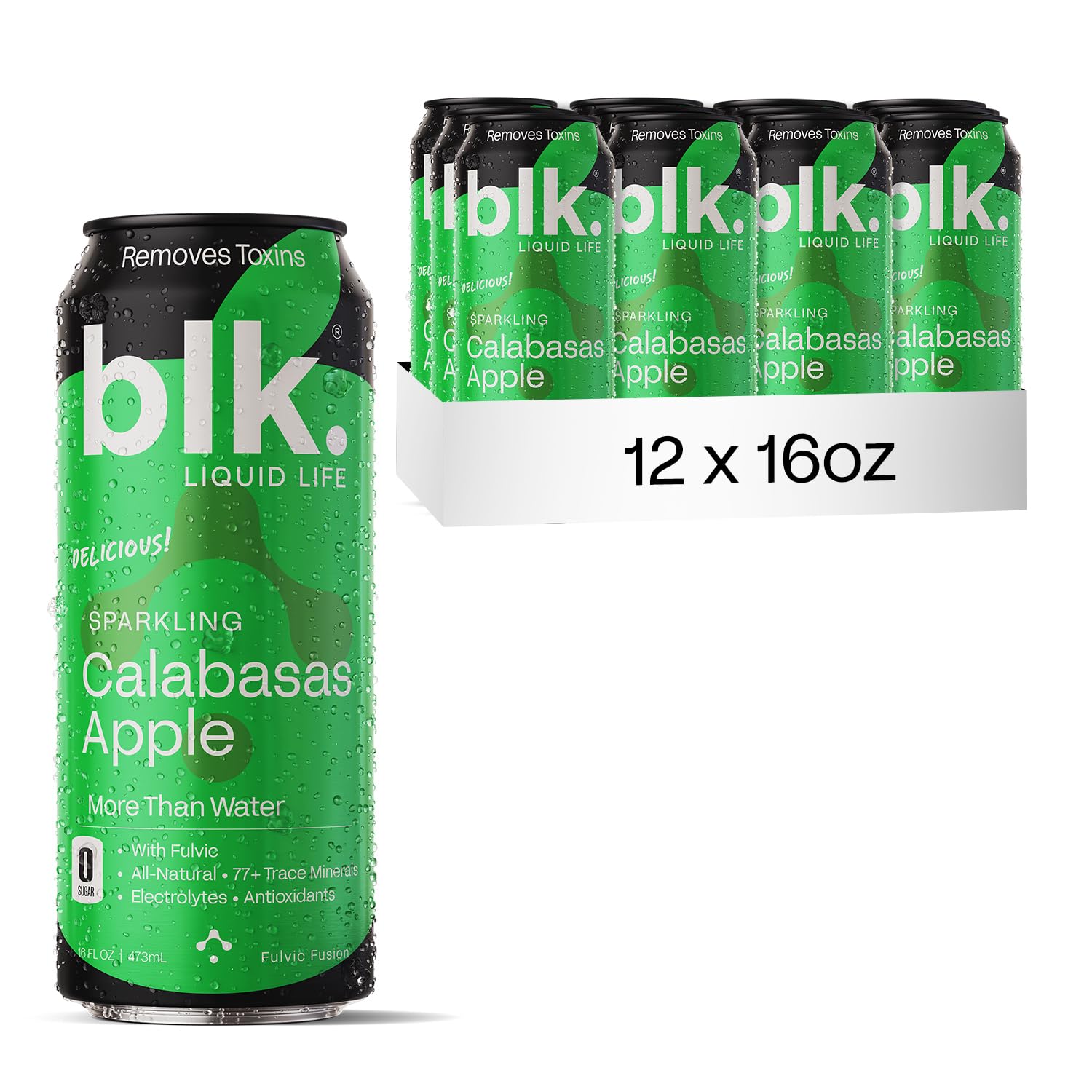 blk. Natural Alkaline Mineral Sparkling Water Electrolyte Infused with Fulvic and Amino Acids, Zero Sugar, Zero Calories Drink, Calabasas Apple Flavored, 16 oz, 12 pack