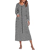 Ekouaer Women Long House Coat Zipper Front Robes Full Length Nightgowns with Pockets Striped Loungewear S-4XL