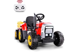 TEOAYEAH 2x35W Powerful Motors EVA Tires Ride on Tractor with Parent Control, 12V 7Ah Kids Electric Tractor Blutooth Music&USB, Detachable Trailer, Safety Belt, 7-LED Lights-Red