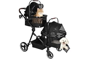 YIYUNBEBE Foldable Double Pet Stroller for 2 Small Medium Cats Dogs, Lightweight Single and Double Integrated Pet Stroller with Detachable Carriers