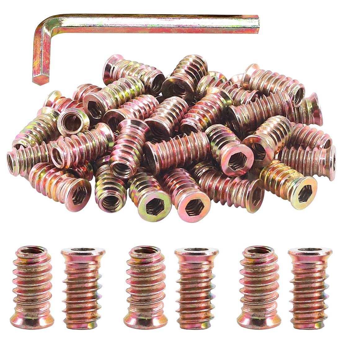 Keadic 50Pcs 1/4-20x20 Nut Inserts Assortment Kit with M6 Internal Hex Tool, Furniture Screw in Nut Threaded, Wood Inserts, Bolt Fastener Connector Hex Socket Drive for Wood Furniture