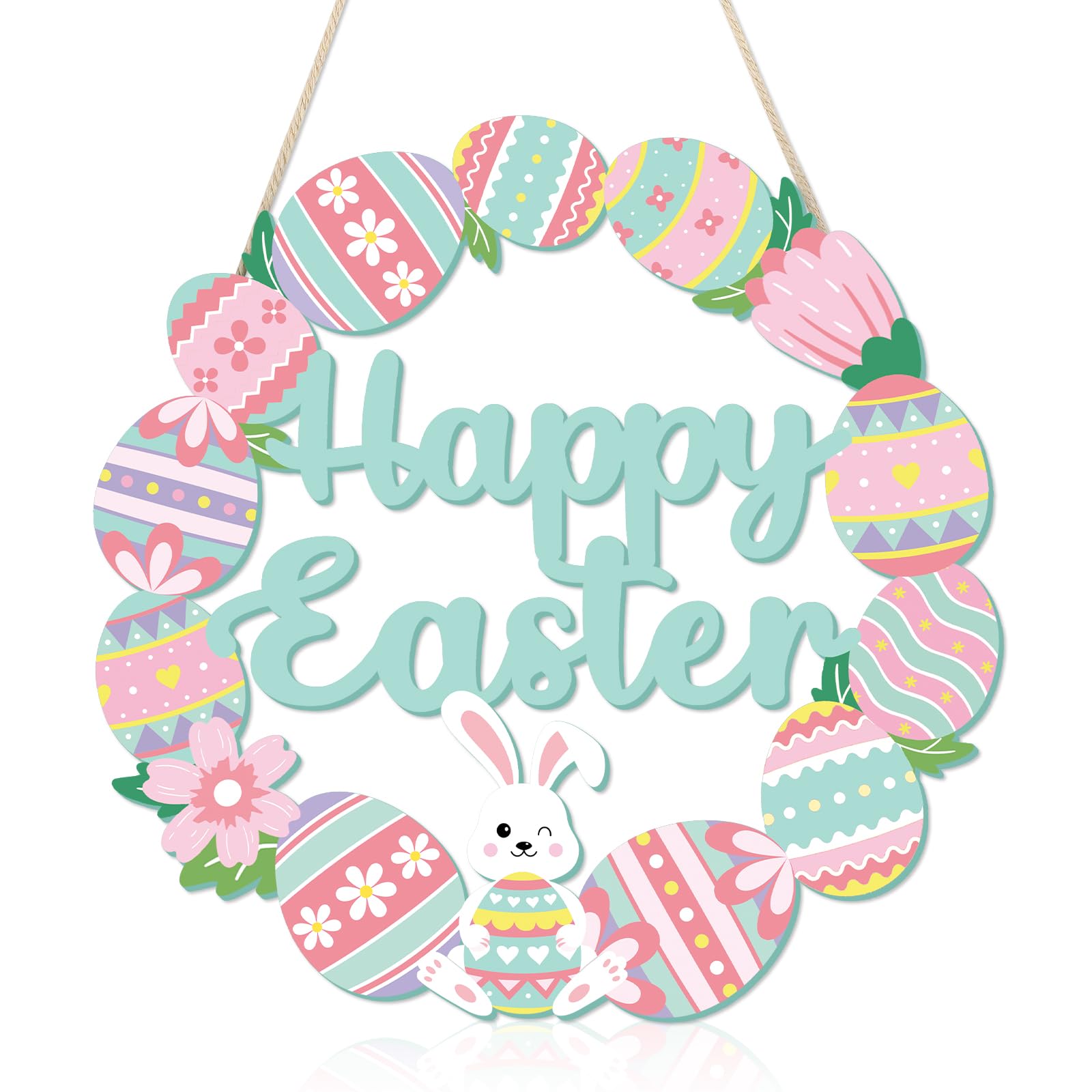 COCHIE Happy Easter Decorations Sign, Bunny Eggs Wood Wreath for Front Door Porch Window Wall Hanging Decor, Pink Green Spring Decoration for the Home (Bunny Egg)