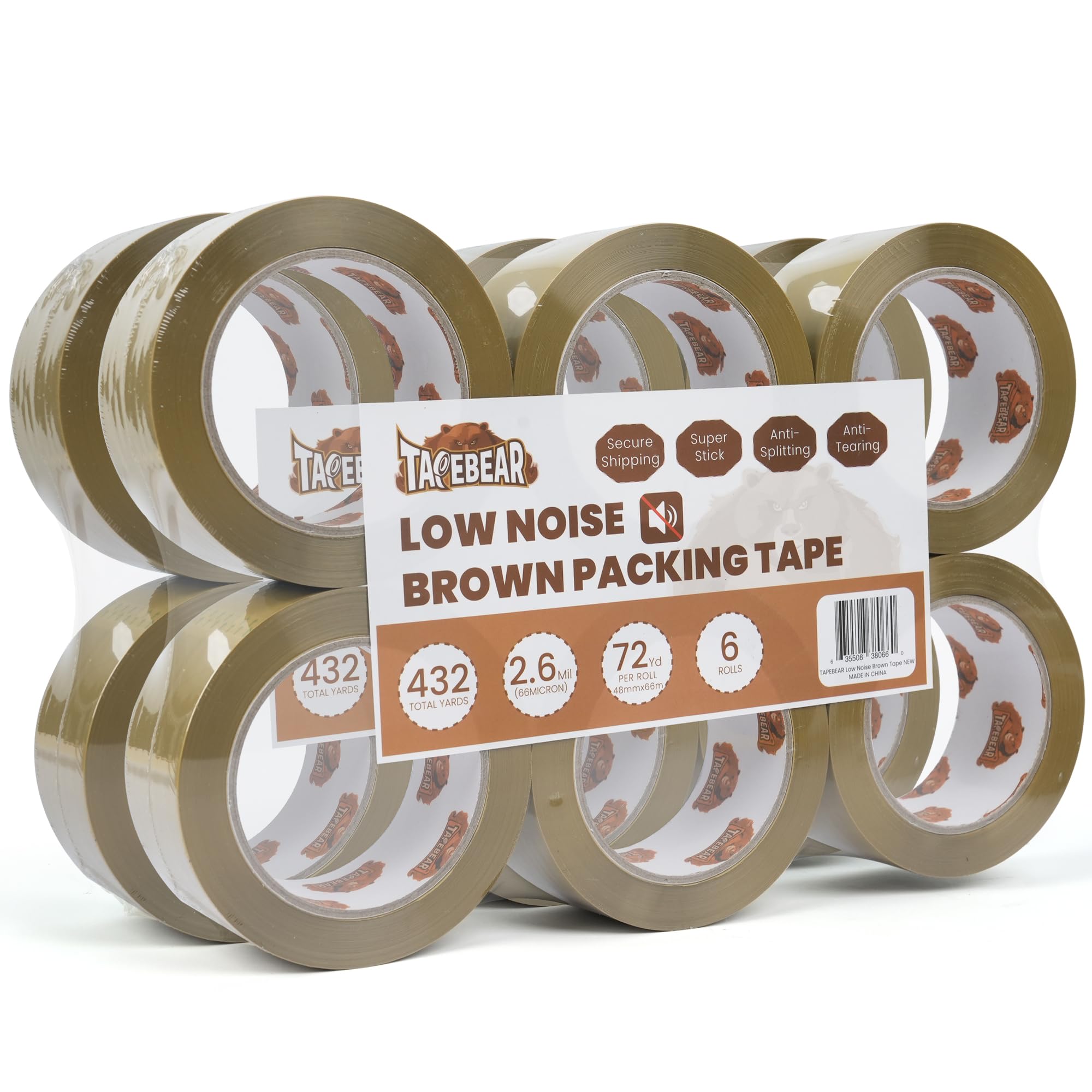 TAPEBEAR Brown Packing Tape - Heavy Duty 48mm x 66m, 12 Rolls for Packing Boxes, Low Noise Secure Sticky Sealing Packaging for Moving House