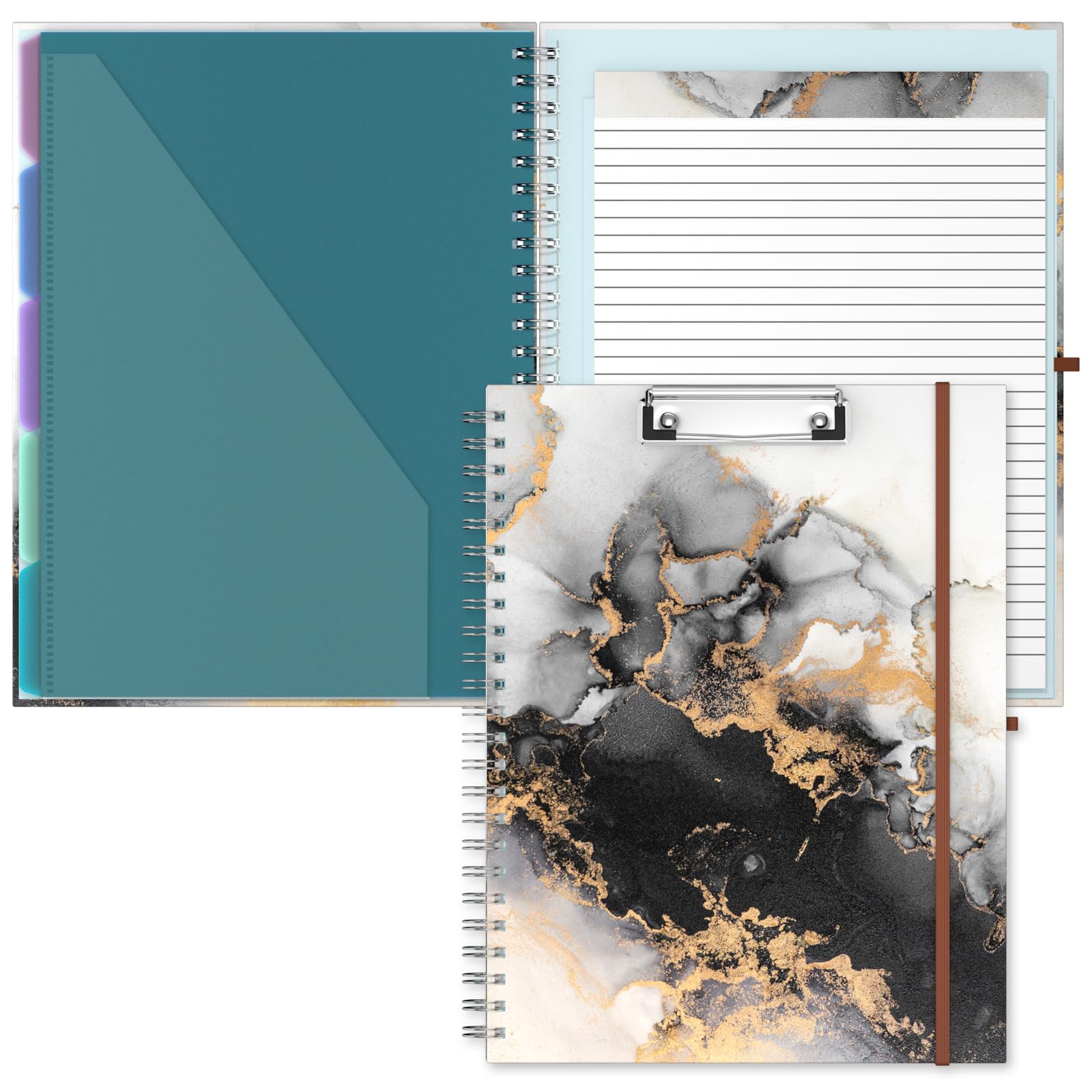 Hnogri Clipboard Folio with Refillable Lined Notepad, Clipboards with 5 A4 Folders Storage 10 Pockets, Spiral Clip Board Portfolio, Size 12.8" x 9.7", Office Supplies, School Supplies, Black Marble
