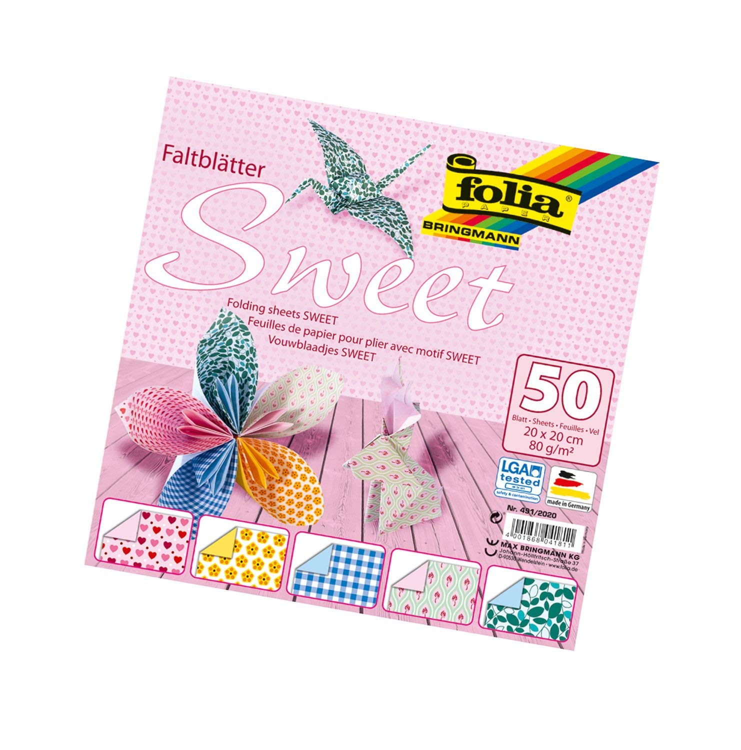 Bringmann Folia ornamental origami paper 80 g/m², 50 sheets in 5 designs, assorted, SWEET 20x20cm, 20 x 20 cm